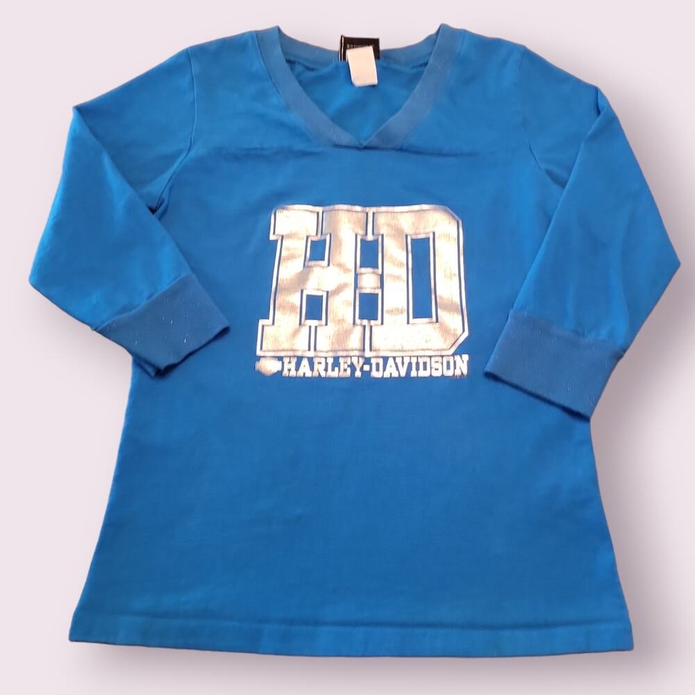 Vintage Harley Davidson Sparkle Logo Blue 3/4 Sleeve Top Size M Made in USA